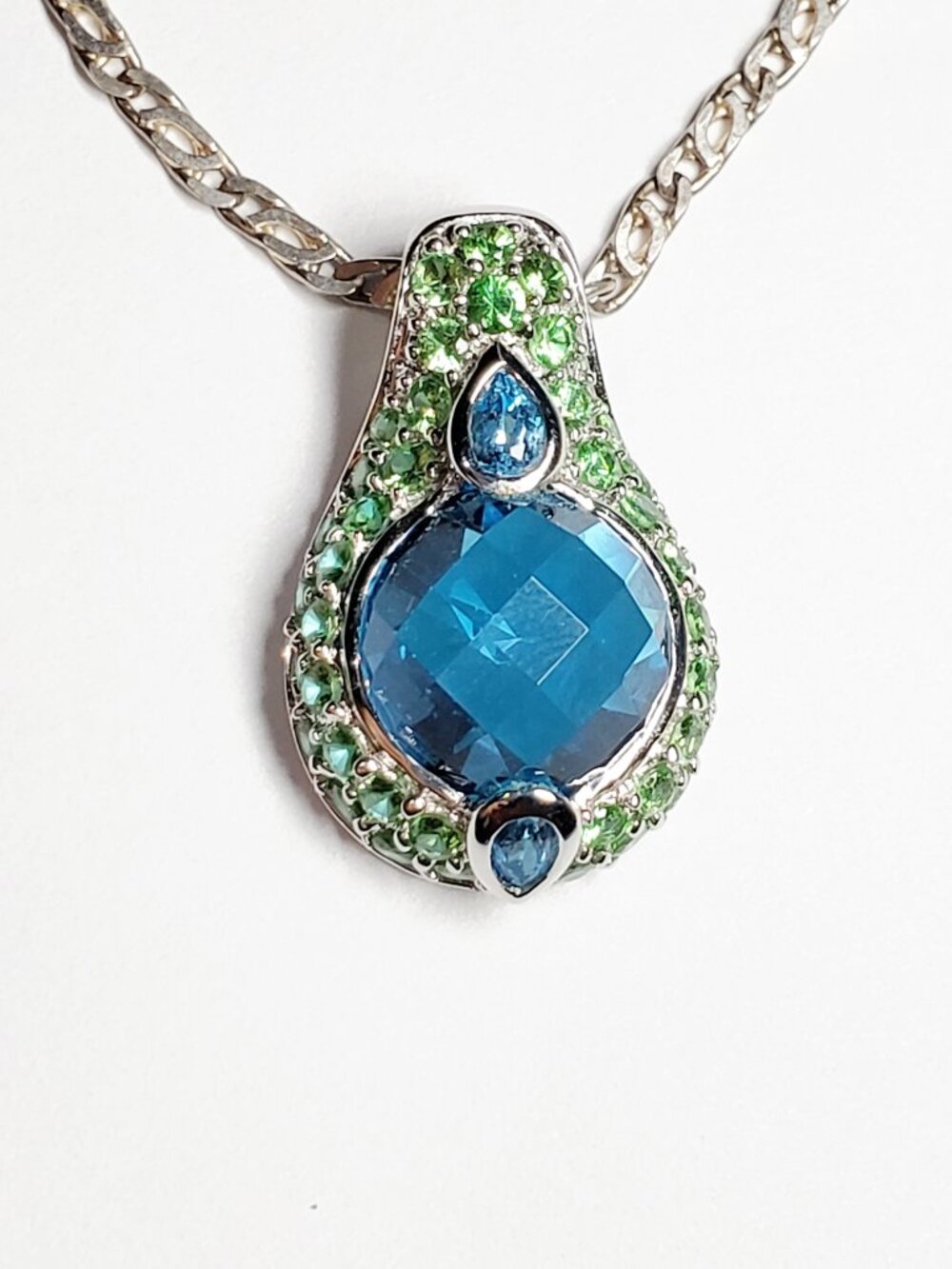 Amazing Large 14k White Gold Topaz Pendant with Sterling Silver Chain.